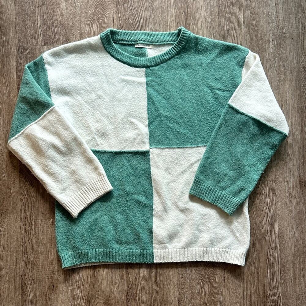 AndTheWhy Color Block Sweater‎ Cream & Green S/M Cozy Chunky Knit
